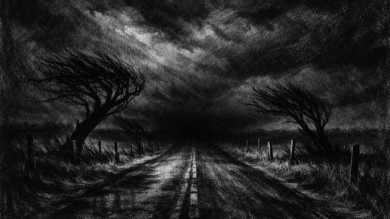 Atmosferski pejzaž u charcoal film noir stilu, crno-bijeli prizor ceste u noći s dubokim sjenama i melankoličnim ugođajem.