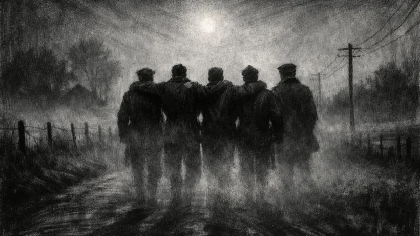 Plakatni prizor u charcoal film noir stilu, crno-bijeli crtež s dubokim sjenama i dramatičnim svjetlom, koji prikazuje zajedništvo i tišinu u maglovitom krajoliku.