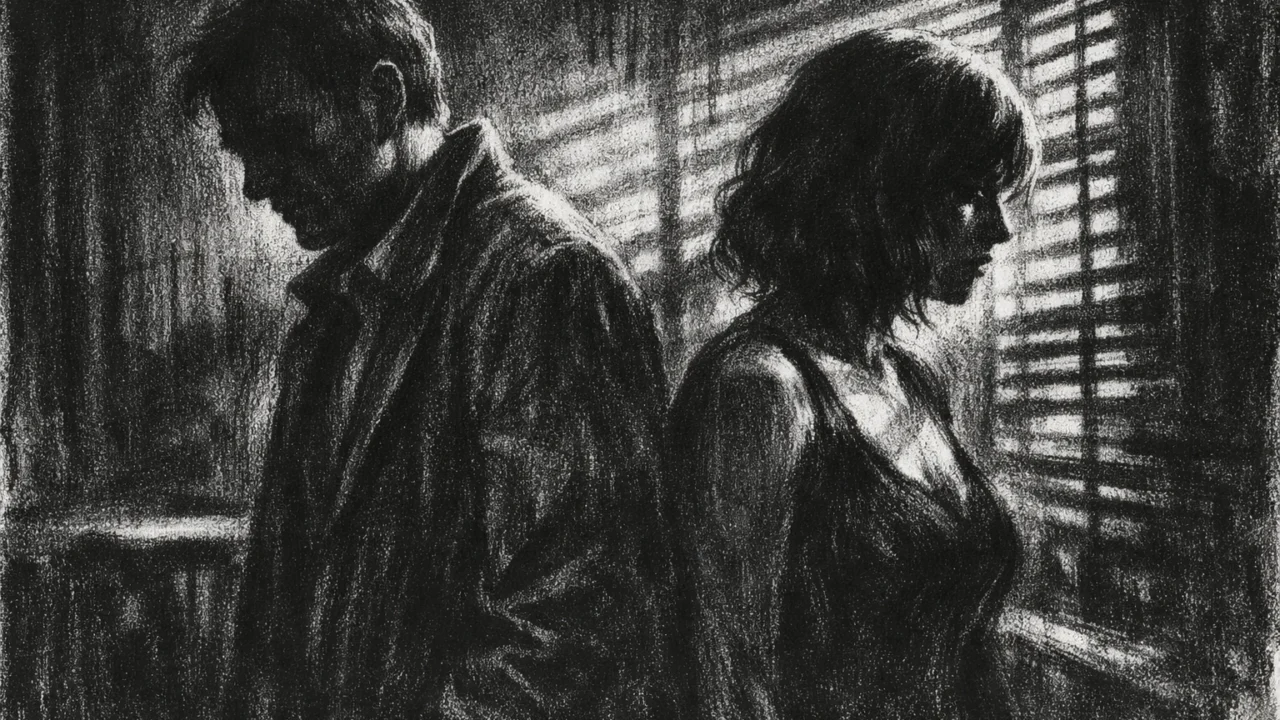 Unutarnja scena u charcoal film noir stilu, dvoje ljudi u tihoj napetosti, crno-bijelo s jakim kontrastom i dubokim sjenama.