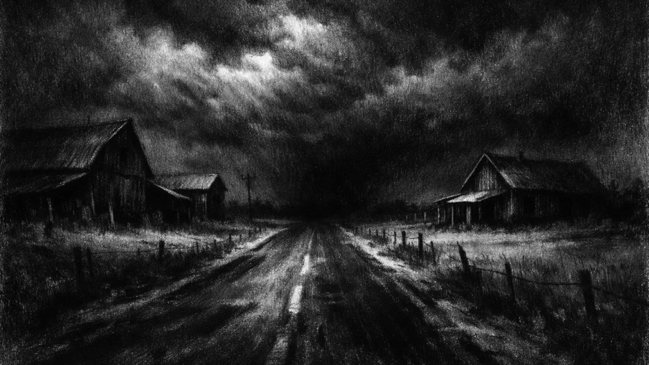 Atmosferski pejzaž u charcoal film noir stilu, prazna cesta i mračno nebo, crno-bijela scena puna samoće i napetosti.