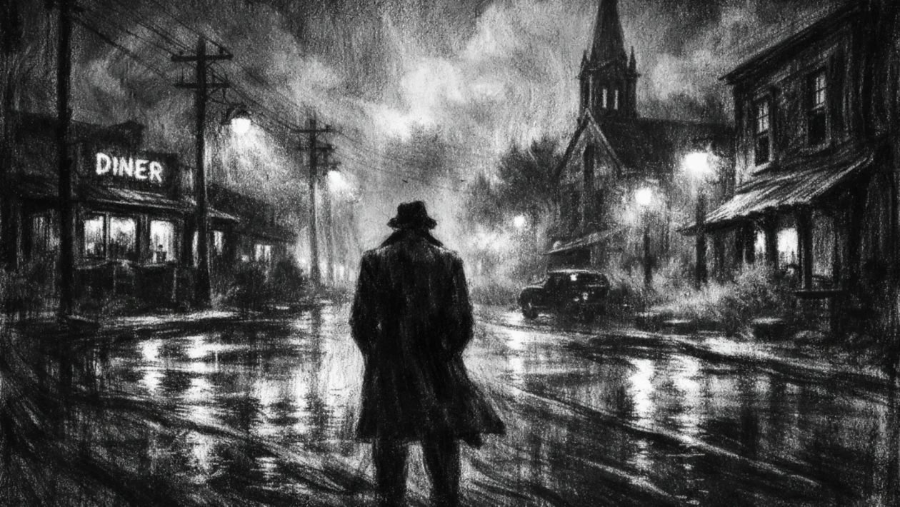 Plakat u charcoal film noir stilu, crno-bijeli prizor malog grada noću s usamljnom siluetom, duboke sjene i snažna atmosfera tajne.