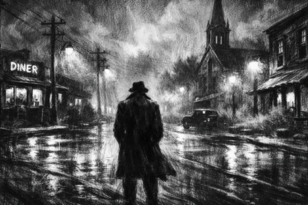 Plakat u charcoal film noir stilu, crno-bijeli prizor malog grada noću s usamljnom siluetom, duboke sjene i snažna atmosfera tajne.