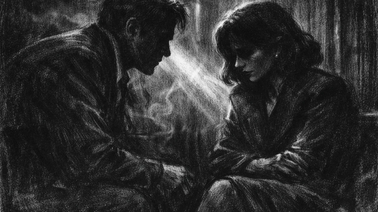 Dvoje ljudi u tihom razgovoru unutar mračne dvorane, naglašene sjene i emocije, charcoal film noir stil u crno-bijeloj tehnici.