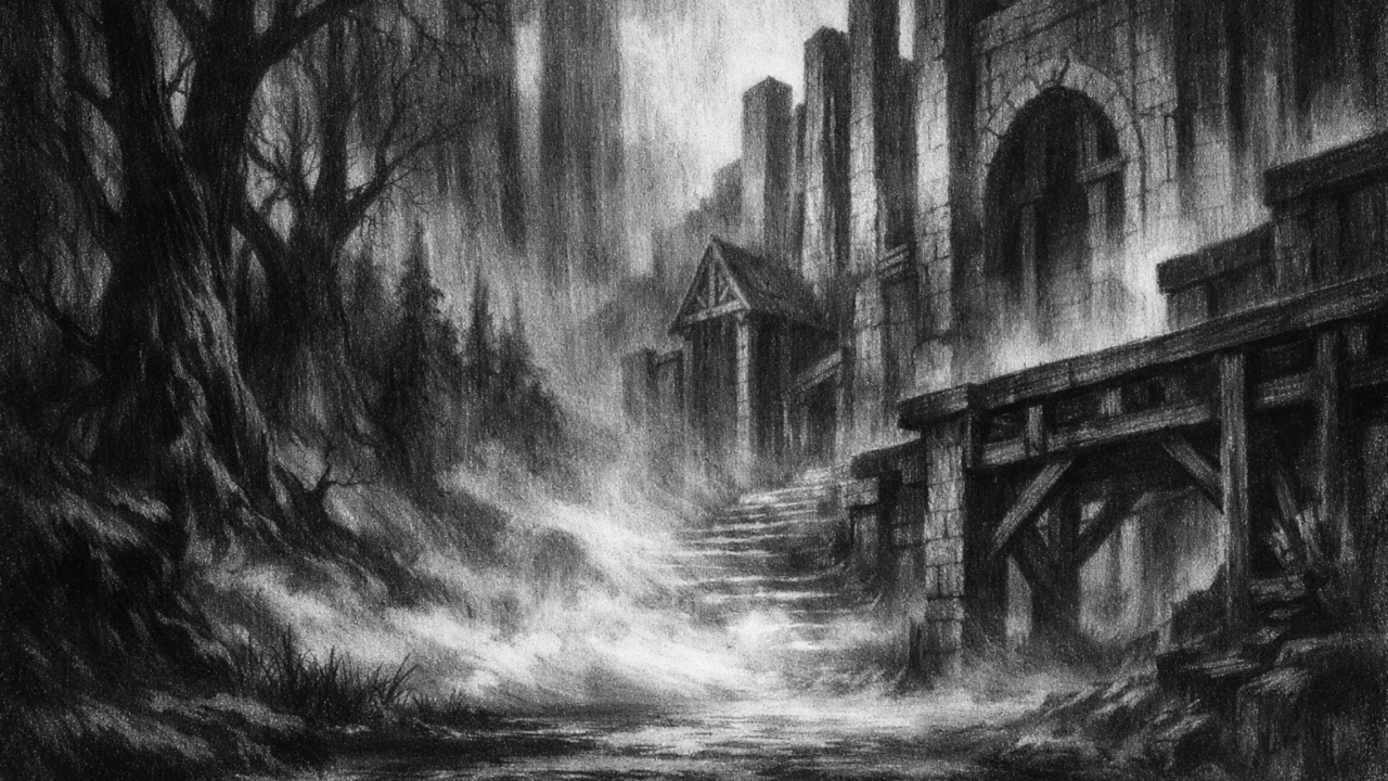 Magloviti krajolik gdje se šuma susreće s krutom arhitekturom, simbol sukoba prirode i kontrole, charcoal film noir stil u snažnom kontrastu.