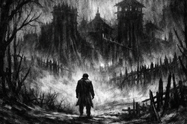 Usamljena figura na rubu šume u teškom kontrastu svjetla i sjene, charcoal film noir stil, crno-bijela atmosfera puna napetosti i identiteta.