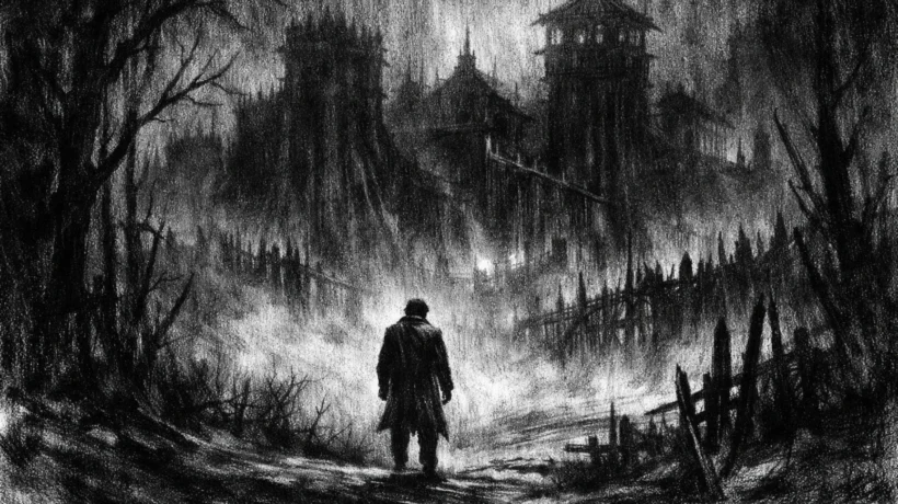 Usamljena figura na rubu šume u teškom kontrastu svjetla i sjene, charcoal film noir stil, crno-bijela atmosfera puna napetosti i identiteta.