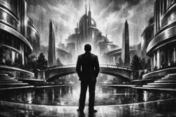 Plakatna scena u charcoal film noir stilu: usamljena figura u idealiziranom gradu, snažni kontrasti, duboke sjene i melankolična atmosfera.