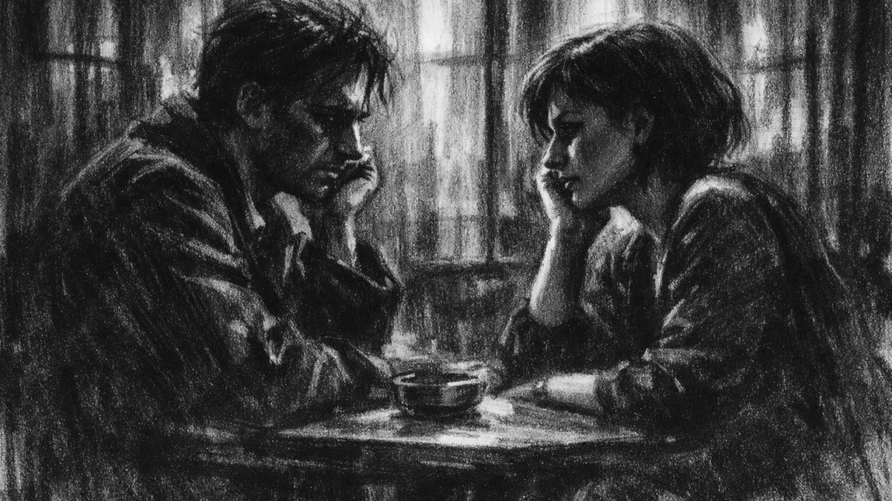 Intimni razgovor dviju osoba u charcoal film noir stilu, crno-bijela scena s jakim sjenama i tihom emocionalnom napetošću.
