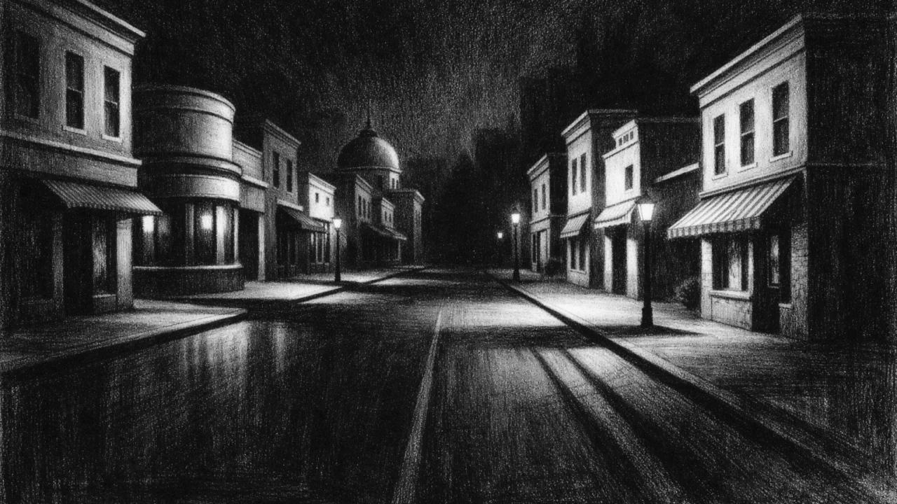 Prazan idealizirani gradski prostor u charcoal film noir stilu, crno-bijeli kontrasti, duboke sjene i simbolična, tiha atmosfera.