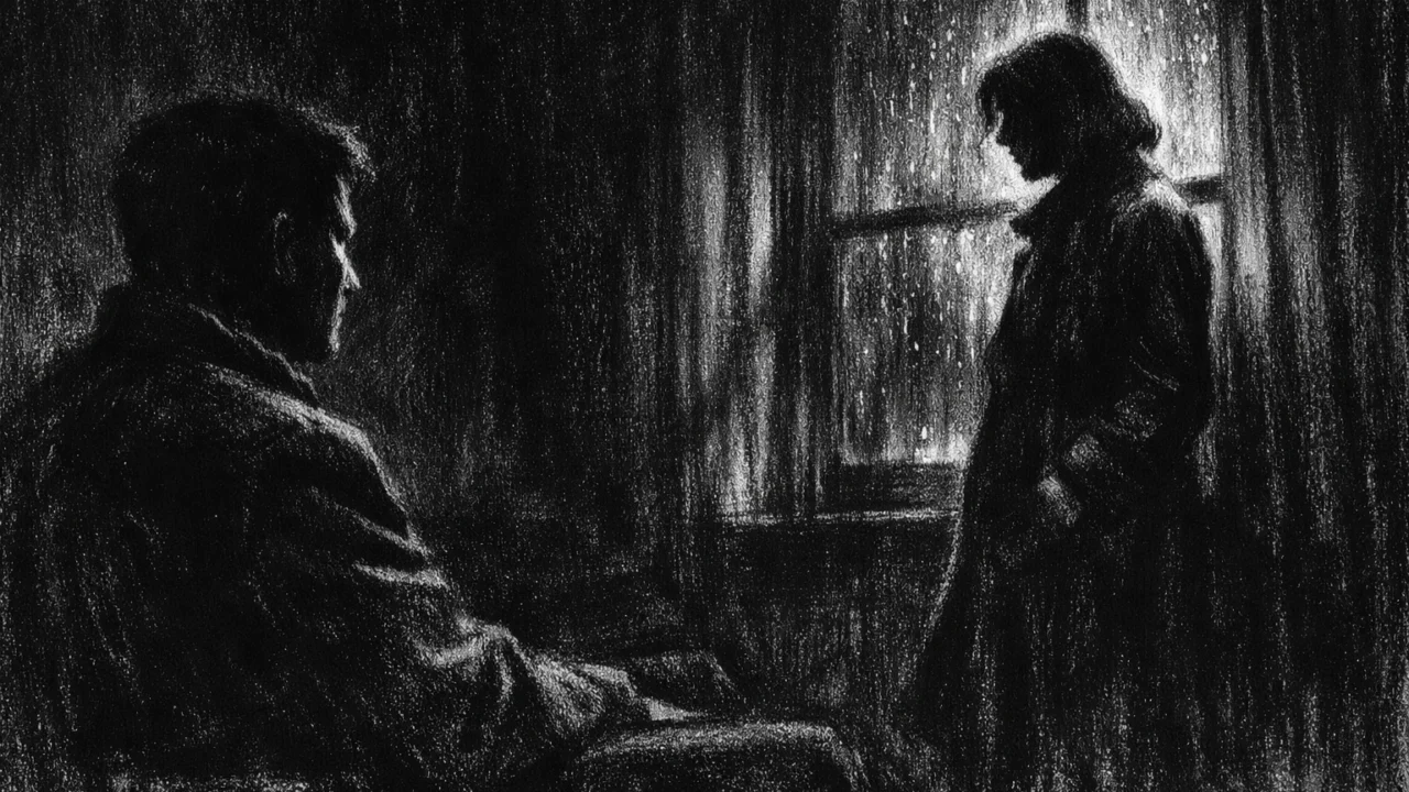 Dvoje ljudi u napetom razgovoru u zatvorenom prostoru, prikazano u charcoal film noir stilu s jakim kontrastima i sjenama.