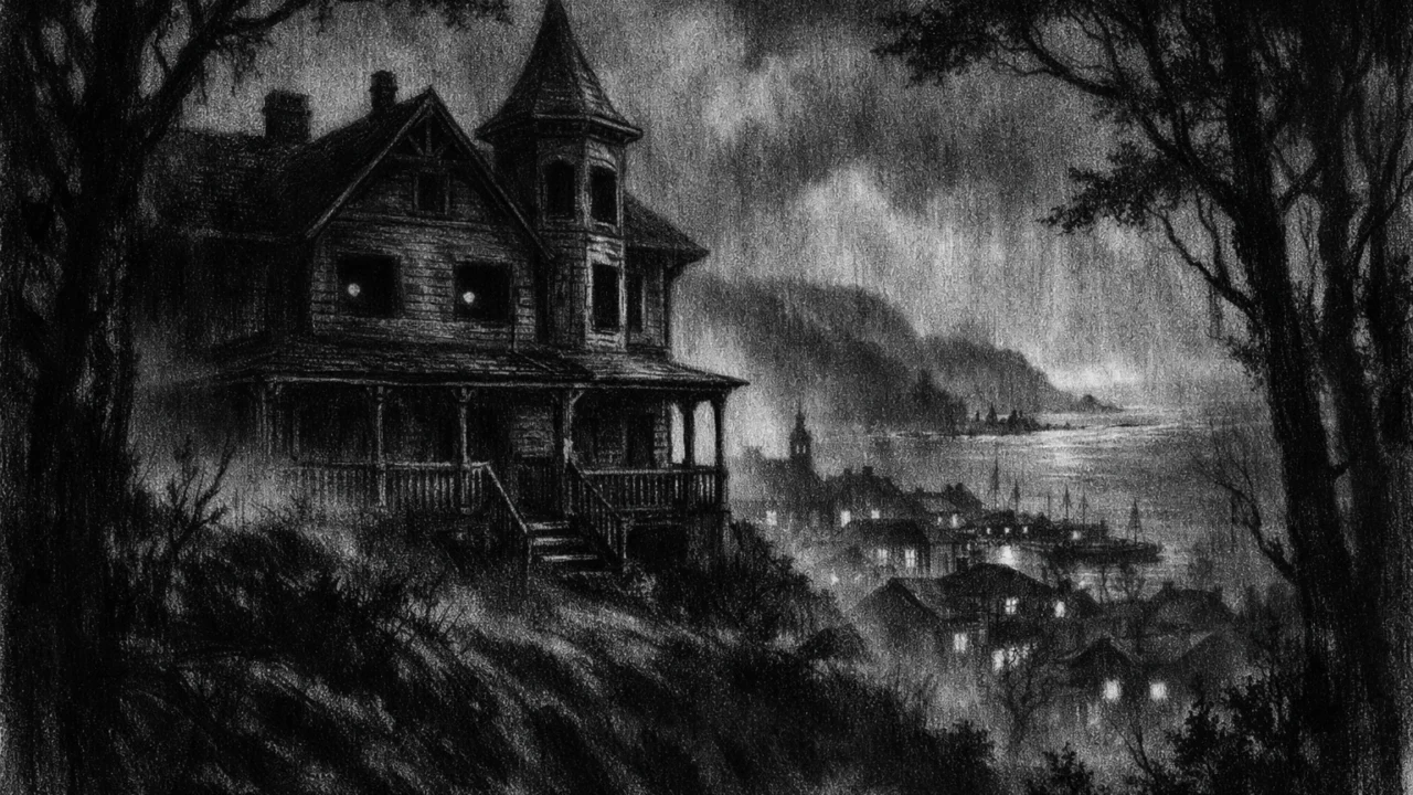 Stara kuća iznad obalnog gradića u magli, nacrtana u charcoal film noir stilu s mračnim, tjeskobnim ugođajem.