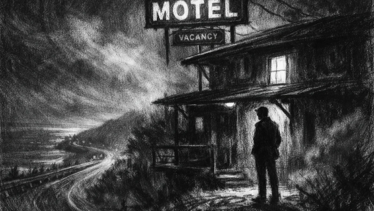 Usamljeni motel noću u charcoal film noir stilu, crno-bijeli prizor s dubokim sjenama i tjeskobnom atmosferom.
