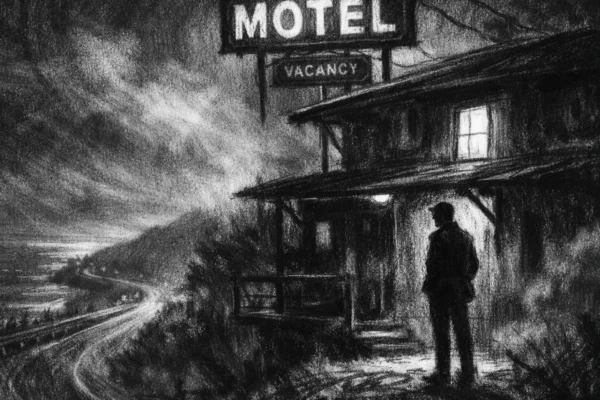 Usamljeni motel noću u charcoal film noir stilu, crno-bijeli prizor s dubokim sjenama i tjeskobnom atmosferom.