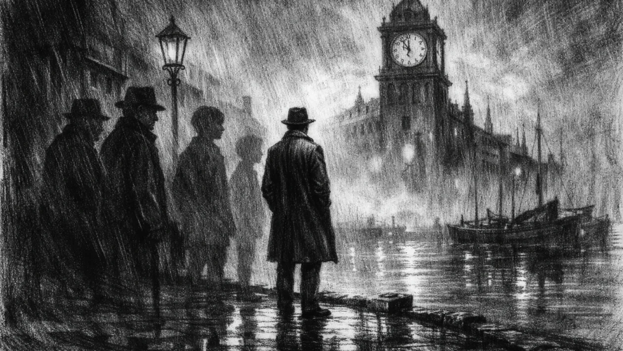 Cinematični plakat u charcoal film noir stilu, crno-bijeli prizor s dubokim sjenama, usamljena figura i melankolična atmosfera protoka vremena.