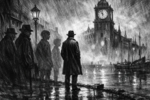 Cinematični plakat u charcoal film noir stilu, crno-bijeli prizor s dubokim sjenama, usamljena figura i melankolična atmosfera protoka vremena.