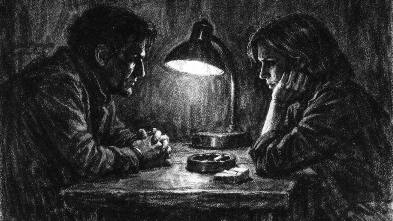 Dvoje ljudi u tihom razgovoru, naglašene sjene i napetost, prikazano u charcoal film noir stilu.