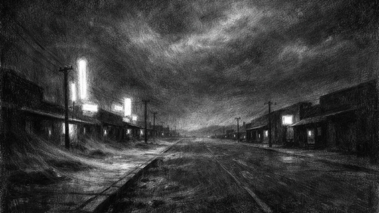 Prazna noćna ulica na rubu grada, melankolična i simbolična, izrađena u charcoal film noir stilu.