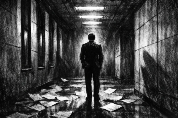 Hero scena u charcoal film noir stilu, usamljena figura u mračnom uredu s dubokim sjenama i tjeskobnom atmosferom.