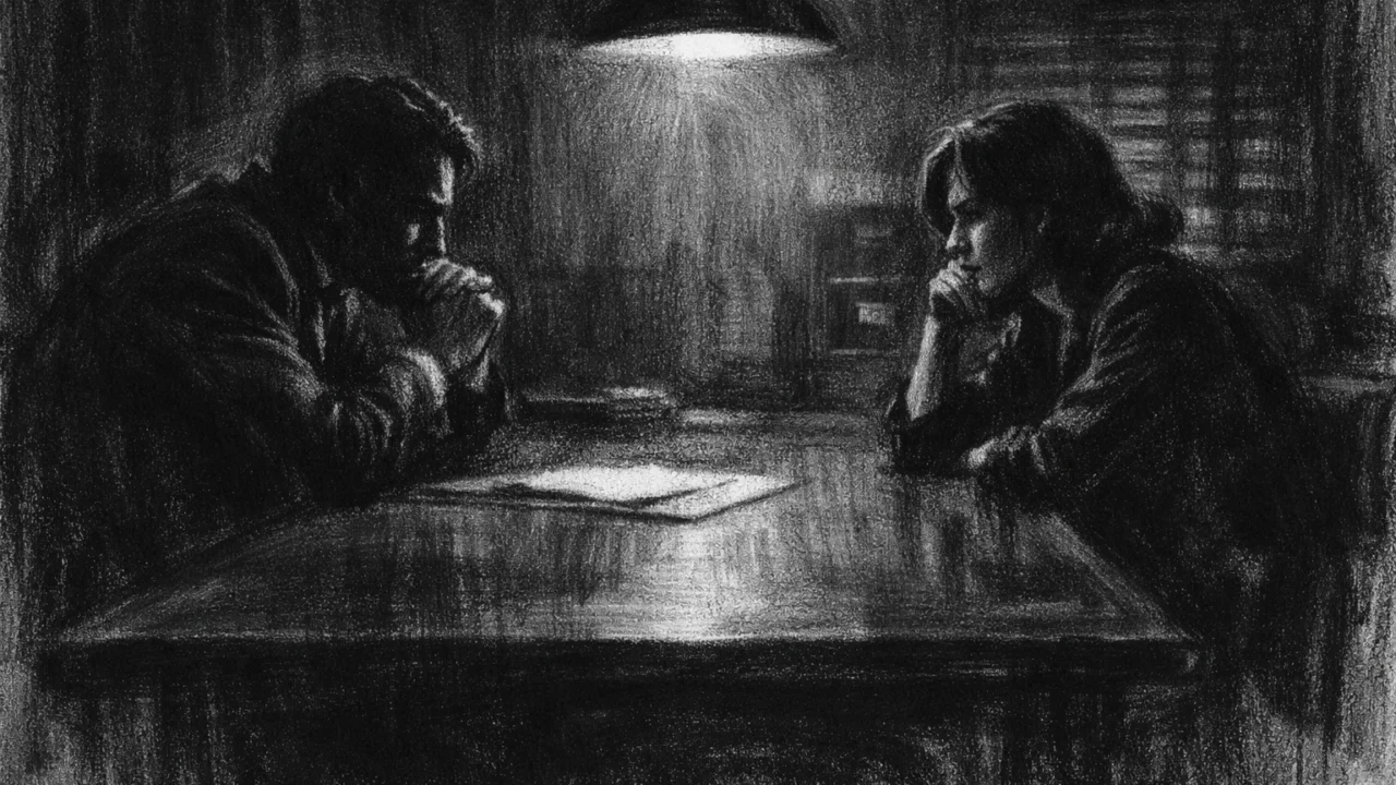Dramatična unutarnja scena u charcoal film noir stilu, crno-bijela s jakim kontrastom, prikazuje dvoje ljudi u tihom razgovoru, naglašene sjene i emocionalna napetost.