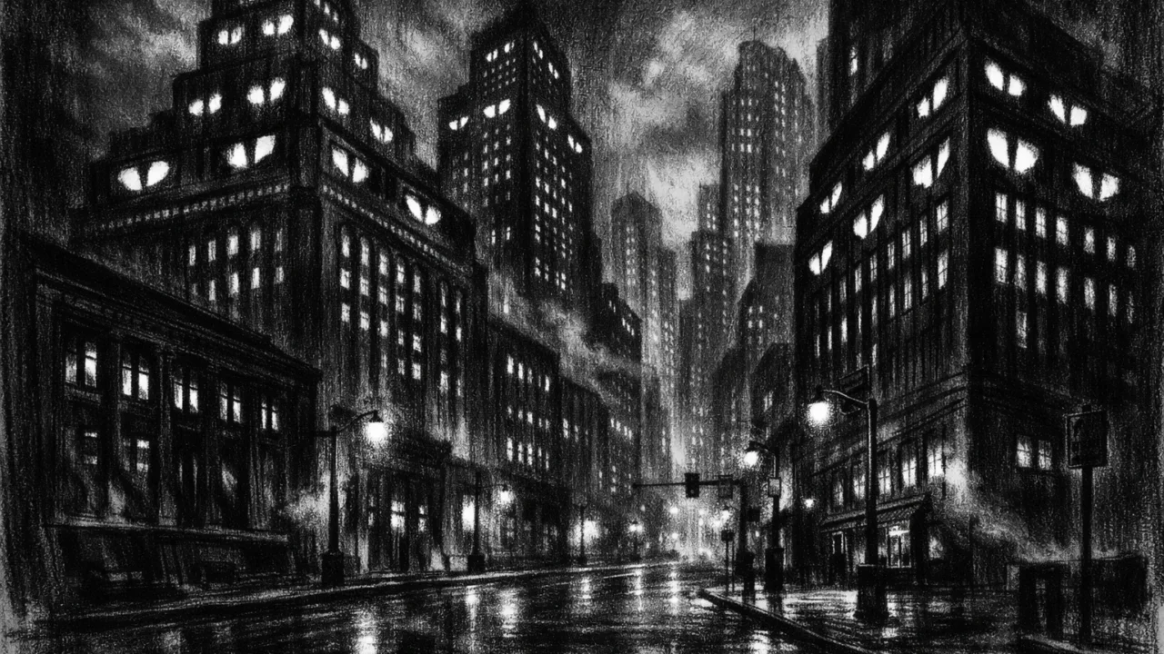 Atmosferski gradski pejzaž u charcoal film noir stilu, crno-bijela ilustracija s dubokim sjenama i snažnim kontrastom, prikazuje noćni financijski kvart s osjećajem moći i samoće.