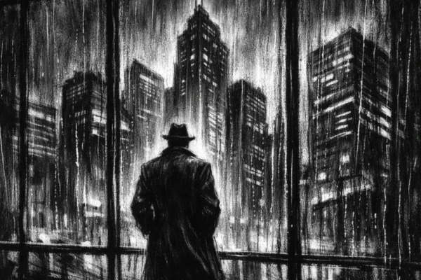 Hero scena u charcoal film noir stilu, crno-bijela ilustracija s dubokim sjenama i dramatičnim svjetlom, prikazuje usamljenu figuru ispred visokih zgrada, naglašava ambiciju i napetu atmosferu.