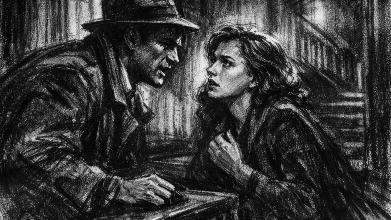 Dramska scena u charcoal film noir stilu