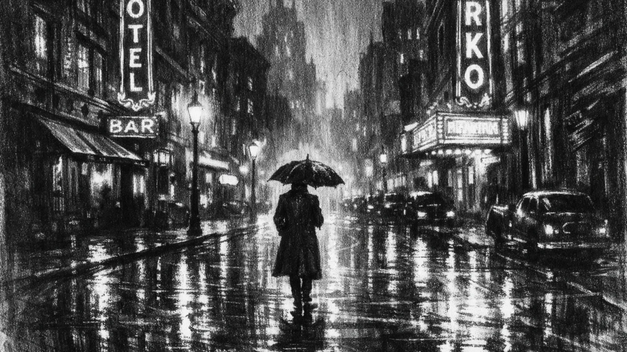 Atmosferska urbana ilustracija u charcoal film noir stilu