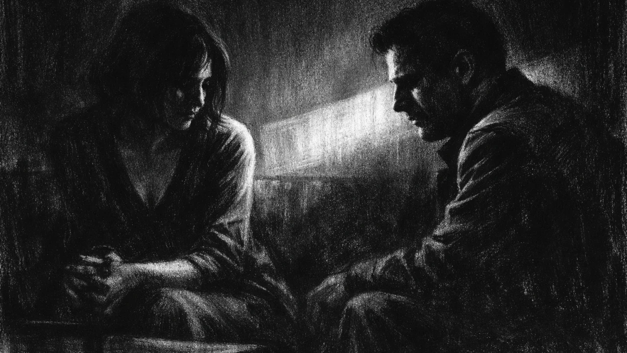 Intimni razgovor dvoje ljudi u charcoal film noir stilu, crno-bijela scena s jakim kontrastom, sjenama i osjećajem emocionalne udaljenosti.