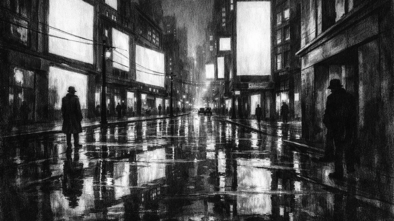 Atmosferski gradski pejzaž u charcoal film noir stilu, prazna ulica s refleksijama i siluetama, crno-bijelo, mračno i tjeskobno.