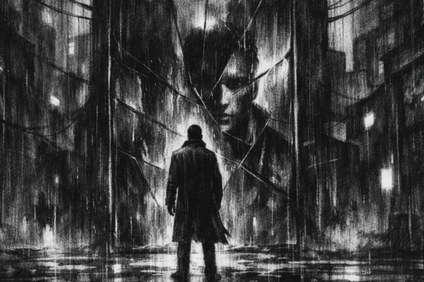 Plakatna scena u charcoal film noir stilu, usamljena figura pred tamnim reflektirajućim zaslonom, crno-bijelo, duboke sjene i tjeskobna atmosfera.
