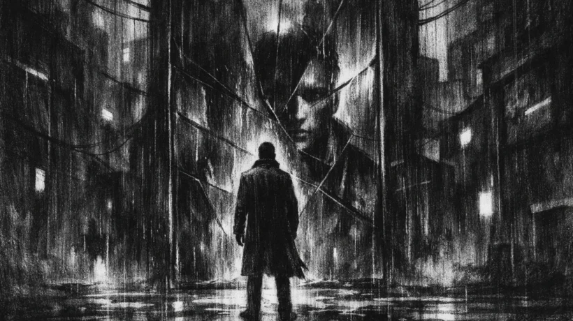 Plakatna scena u charcoal film noir stilu, usamljena figura pred tamnim reflektirajućim zaslonom, crno-bijelo, duboke sjene i tjeskobna atmosfera.