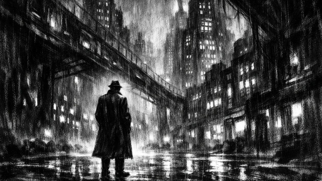 Kinematografski poster futurističnog grada u noći, snažne sjene i kiša, izrađen u charcoal film noir stil.