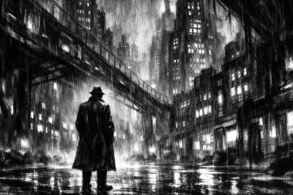 Kinematografski poster futurističnog grada u noći, snažne sjene i kiša, izrađen u charcoal film noir stil.