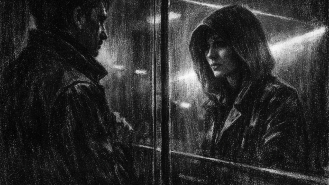 Emotivna scena razgovora dvoje ljudi u zatvorenom prostoru, charcoal film noir stil, visoki kontrast i melankolično raspoloženje.