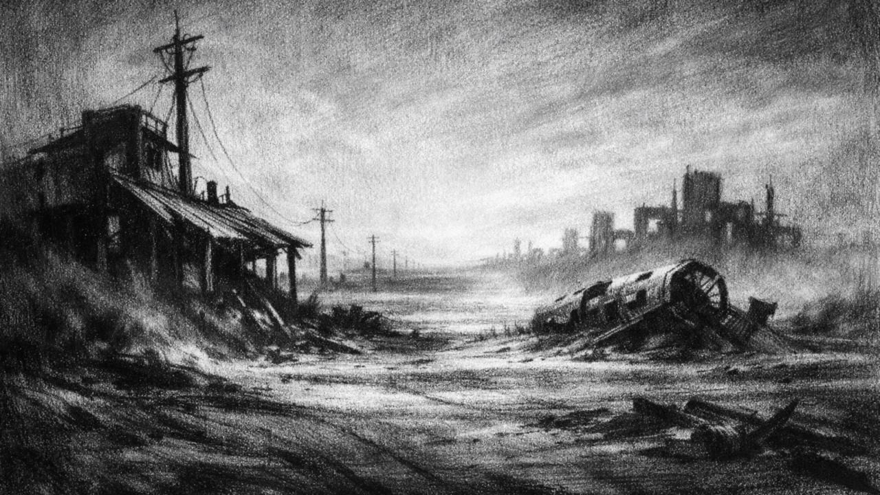 Atmosferski futuristički pejzaž s napuštenim strukturama, prikazan u charcoal film noir stilu s naglašenom tišinom i sjenama.