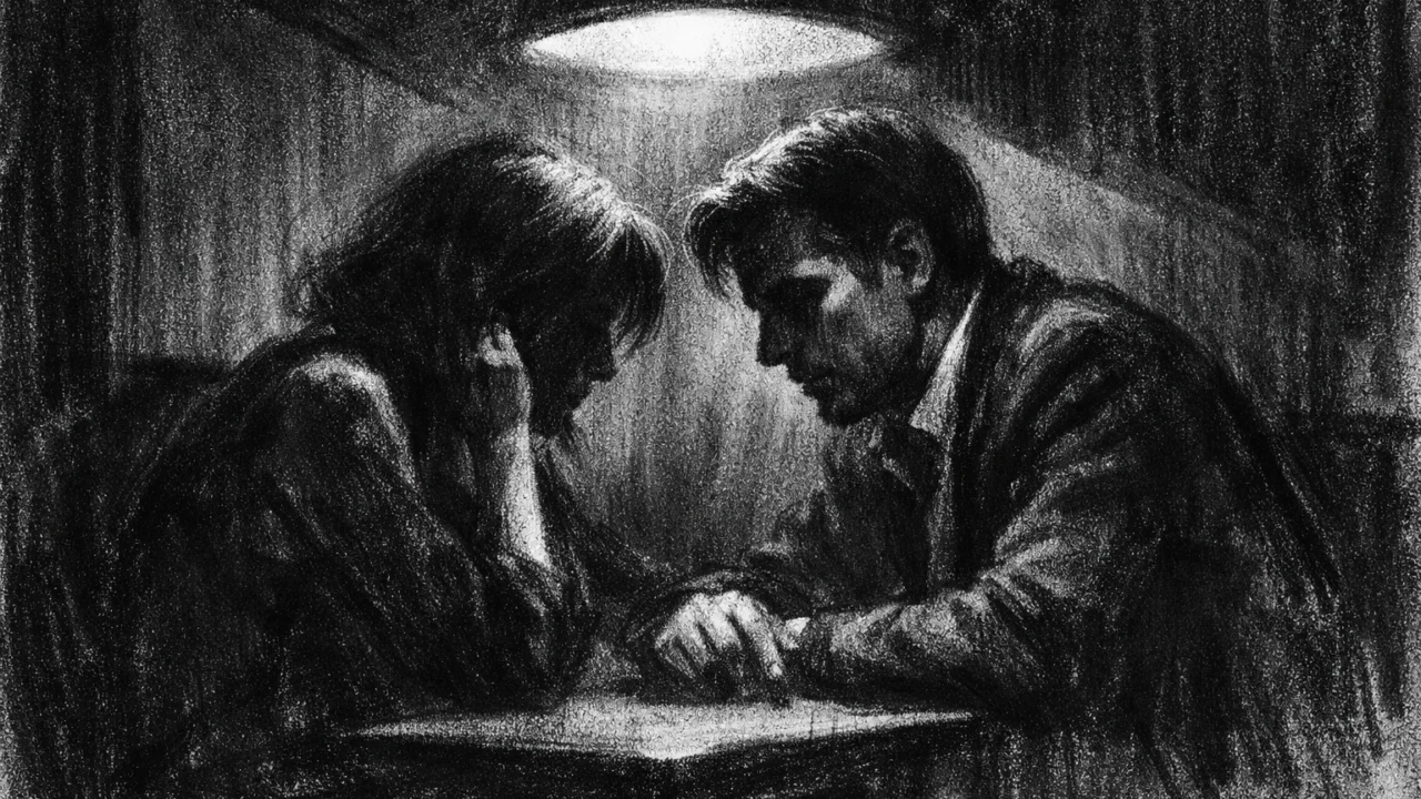 Dvoje ljudi u tihoj napetoj sceni, snažan kontrast svjetla i sjene, prikazano u charcoal film noir stil.