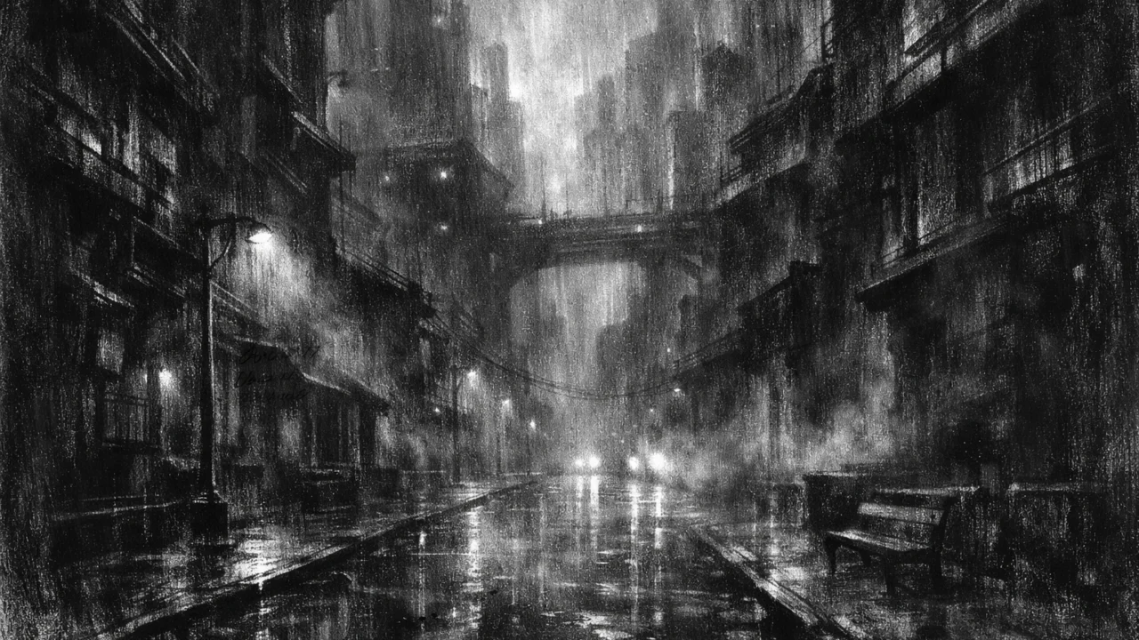 Mračan futuristički urbani pejzaž s maglom i kišom, naglašene sjene i atmosfera u charcoal film noir stil.