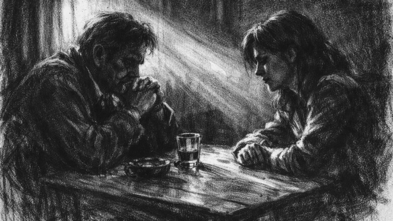 Intimni razgovor dvoje ljudi u zatvorenom prostoru, prikazano u charcoal film noir stilu s jakim sjenama i emocionalnom napetošću.