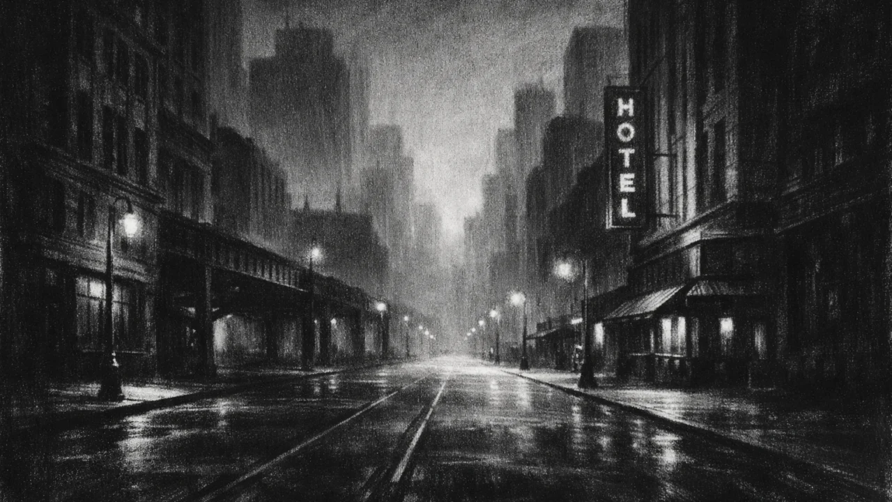 Atmosferski gradski pejzaž u zoru, bez ljudi, prikazan u charcoal film noir stilu s maglom, kontrastima i osjećajem tihe postojanosti.