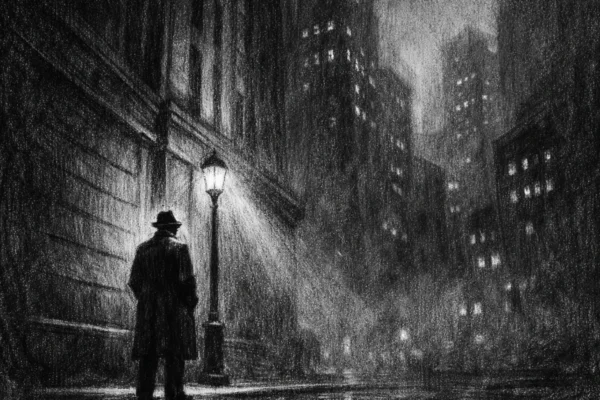 Hero scena u charcoal film noir stilu, usamljena figura u gradu noću, snažni kontrasti i duboke sjene, melankolična i ozbiljna atmosfera.