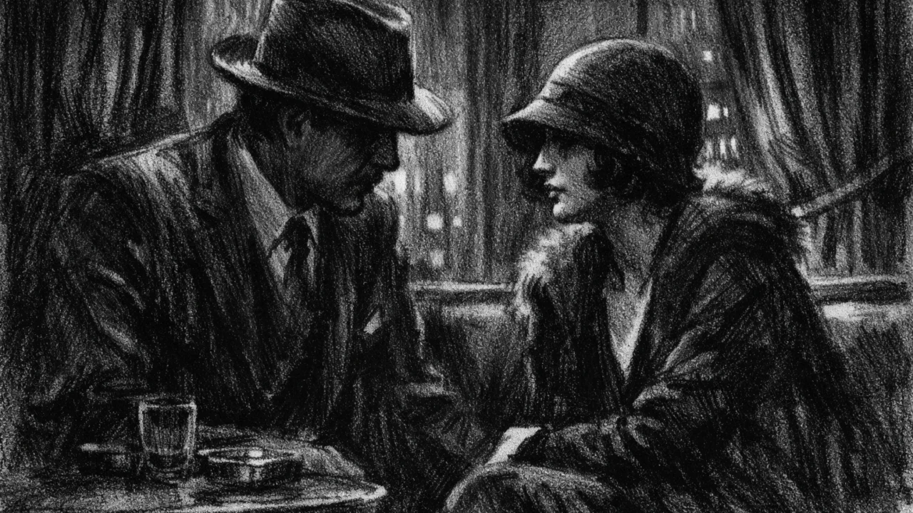 Dvoje ljudi u tihom razgovoru u mračnoj prostoriji, naglašena napetost i sjene, charcoal film noir stil s izraženim kontrastom.