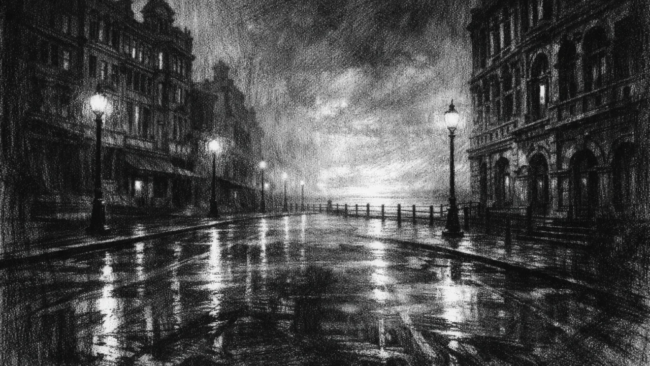 Prazna obalna ulica u zoru s mokrim pločnikom i maglom, melankolično i monumentalno okruženje, charcoal film noir stil u crno-bijeloj atmosferi.