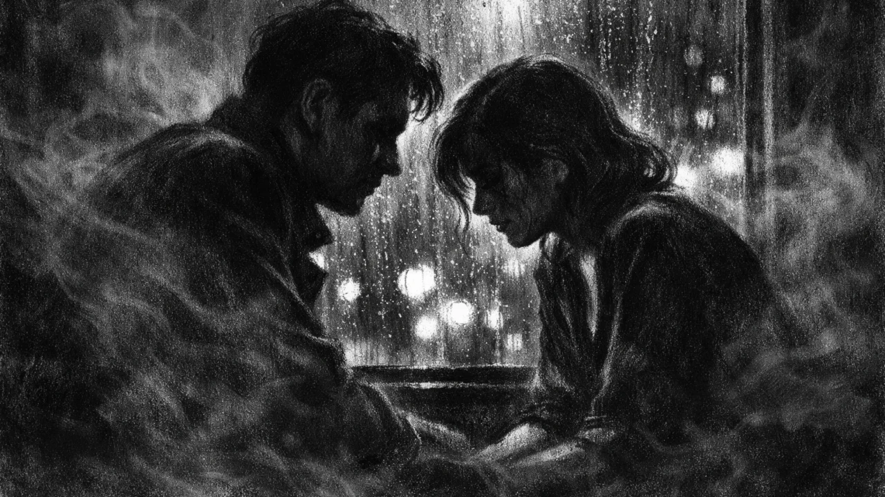 Dvoje ljudi u tihoj, napetoj konverzaciji kraj prozora, prikazano u charcoal film noir stilu s dubokim sjenama i intimnim ugođajem.