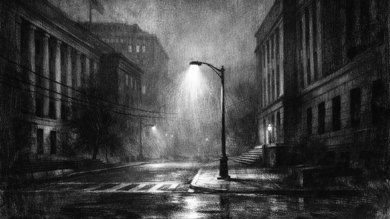 Mračna urbana noćna scena s praznim ulicama i zgradama, u charcoal film noir stilu, crno-bijelo, visoki kontrast i tjeskobna atmosfera.