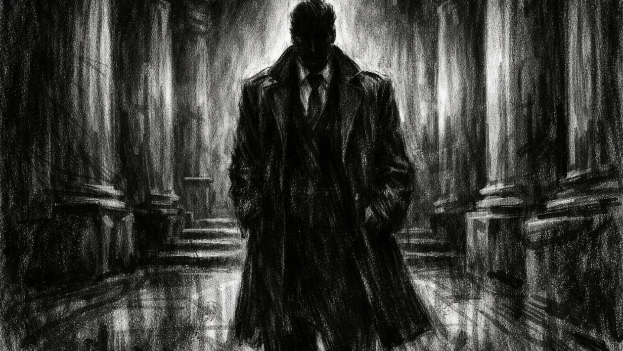 Filmski poster s usamljnom figurom u monumentalnom prostoru, izrađen u charcoal film noir stilu, crno-bijelo, snažni kontrasti i mračna atmosfera.