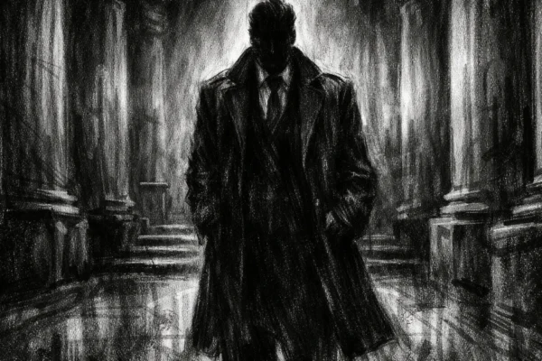 Filmski poster s usamljnom figurom u monumentalnom prostoru, izrađen u charcoal film noir stilu, crno-bijelo, snažni kontrasti i mračna atmosfera.