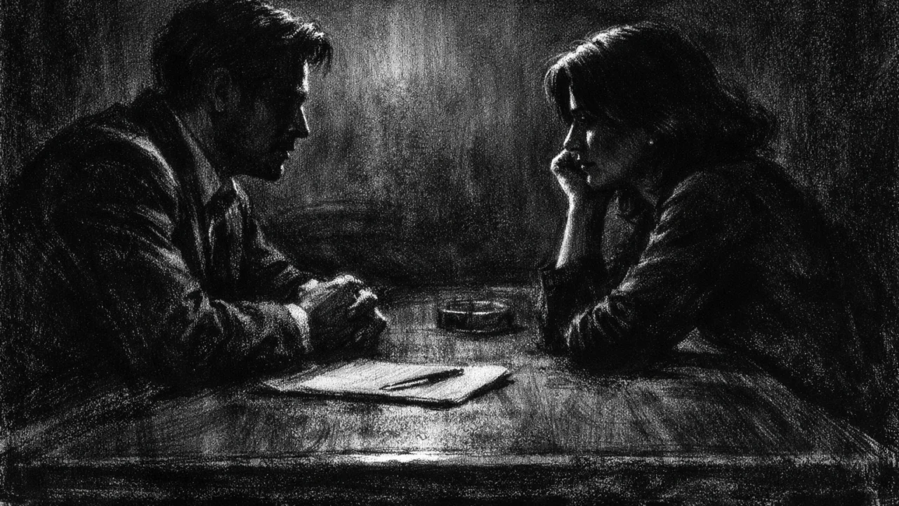 Dvoje ljudi u tihom razgovoru, izraženi kroz charcoal film noir stil, crno-bijela scena s jakim kontrastom i emocionalnom napetošću.
