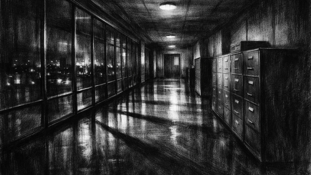 Prazan hodnik institucije noću, prikazan u charcoal film noir stilu, crno-bijelo s dubokim sjenama i melankoličnom atmosferom.