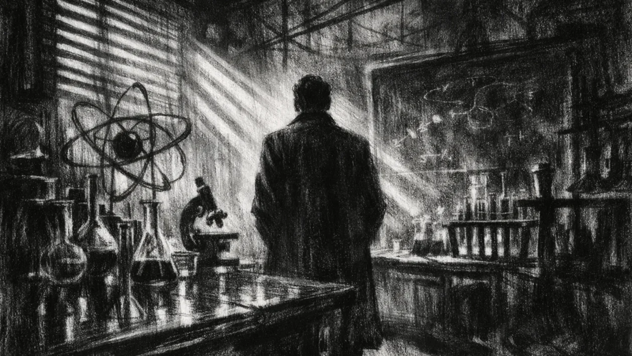 Kinematografski plakat s usamljenom figurom u laboratoriju, nacrtan u charcoal film noir stil, crno-bijelo s dubokim sjenama i snažnom atmosferom.