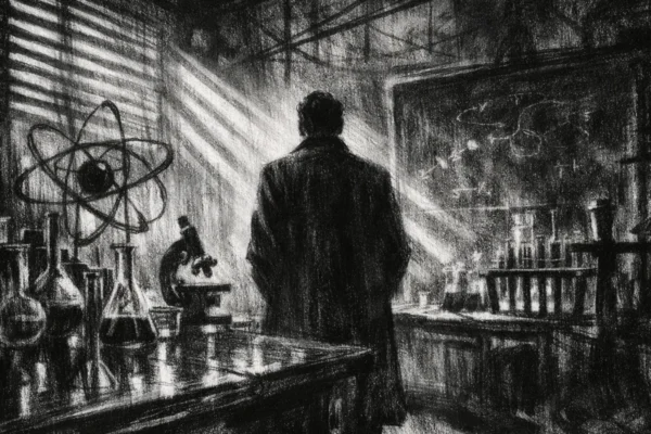 Kinematografski plakat s usamljenom figurom u laboratoriju, nacrtan u charcoal film noir stil, crno-bijelo s dubokim sjenama i snažnom atmosferom.